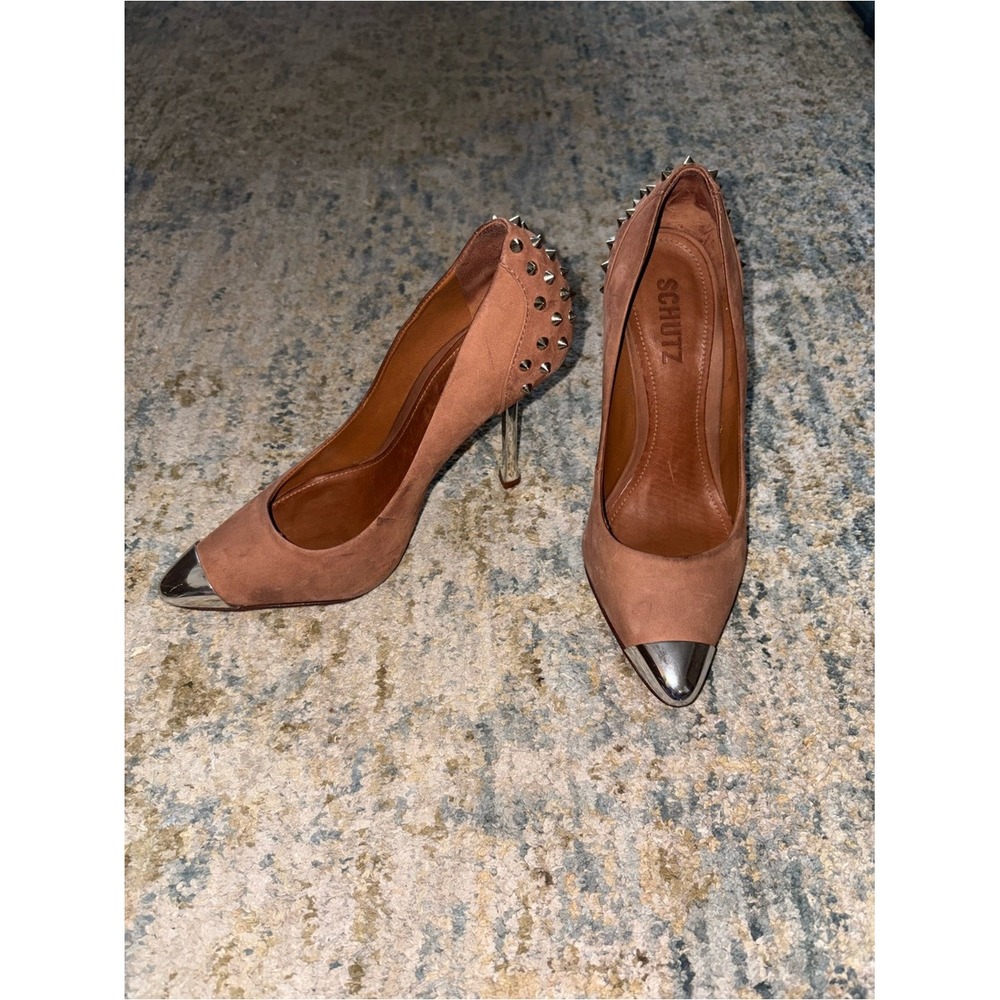 SCHUTZ Rust Leather Pointed Toe Pumps with Metallic Cap and Studded Heel Size 7